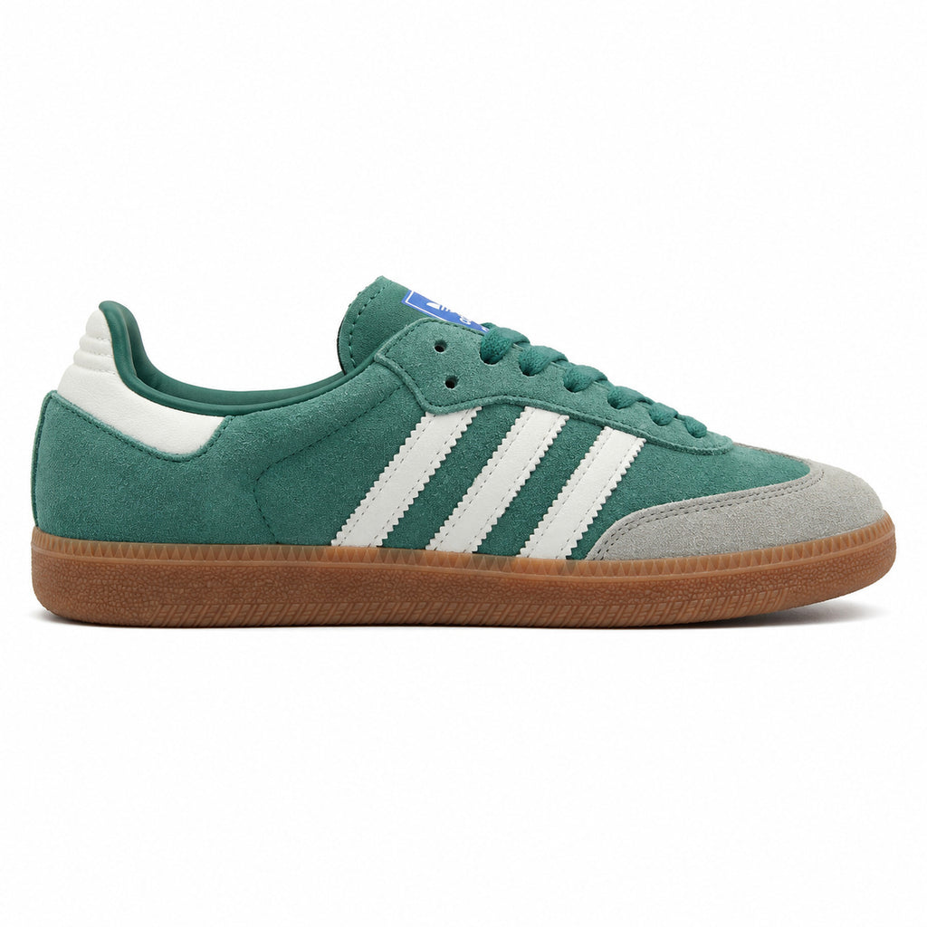 Adidas Samba Vegan ante verde bosque bandas blancas suela goma perfil derecho
