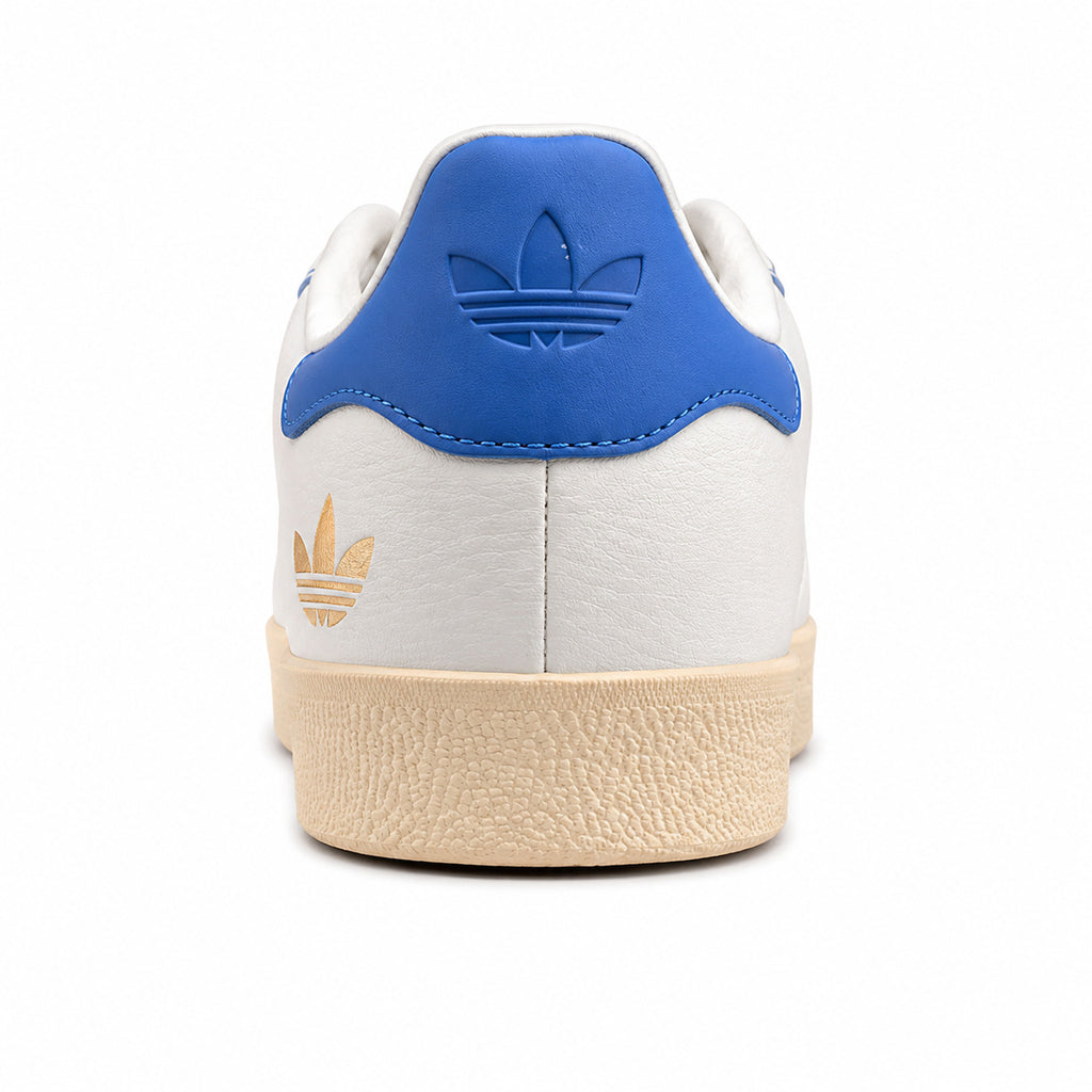 Adidas Gazelle blanco azul detalle talón trefoil dorado