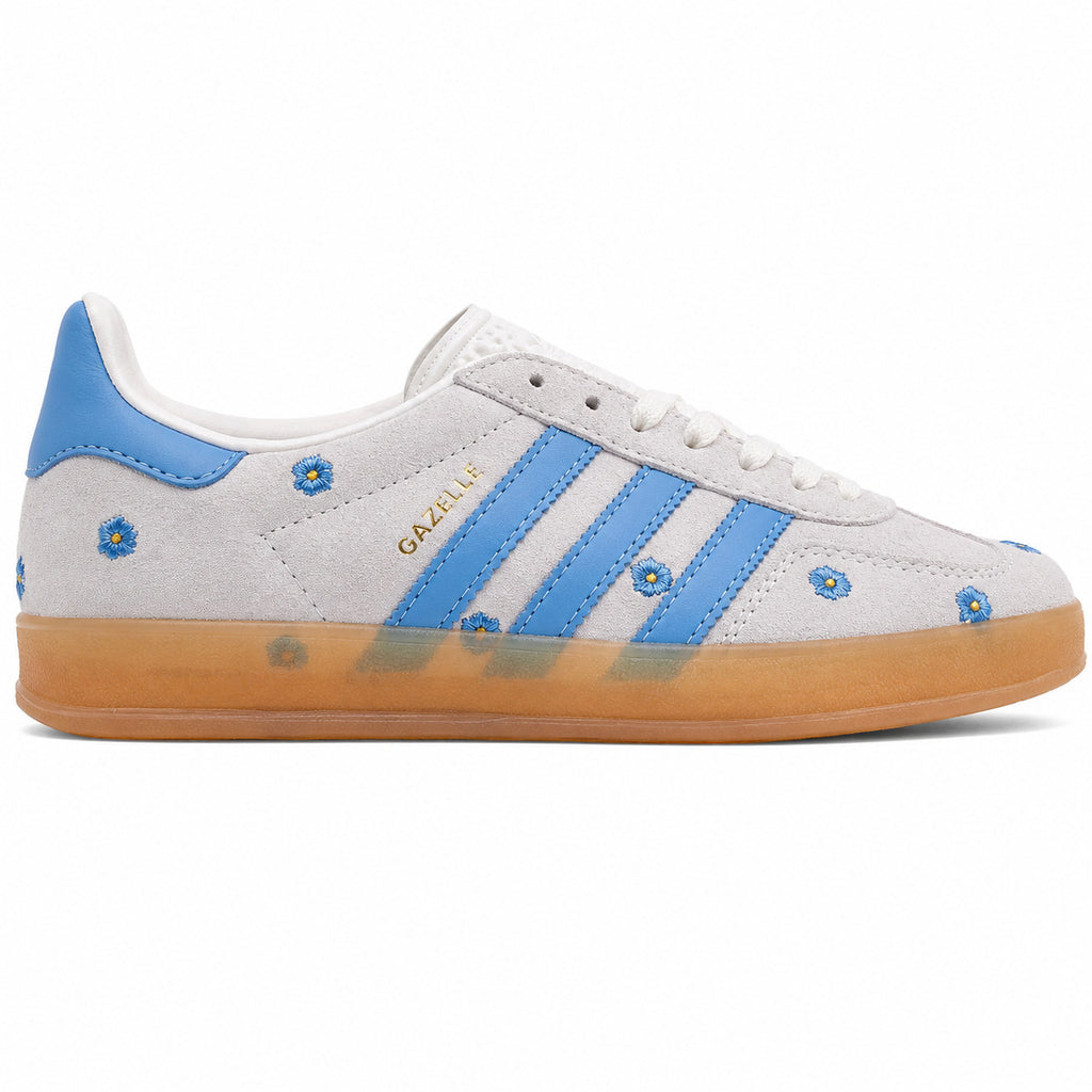 Adidas Gazelle Bold ante gris azul flores bordadas lateral derecha