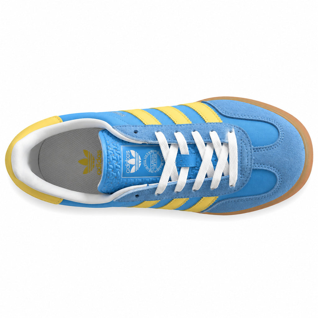 Adidas Gazelle Indoor azul cielo amarillo vista superior cordones blancos