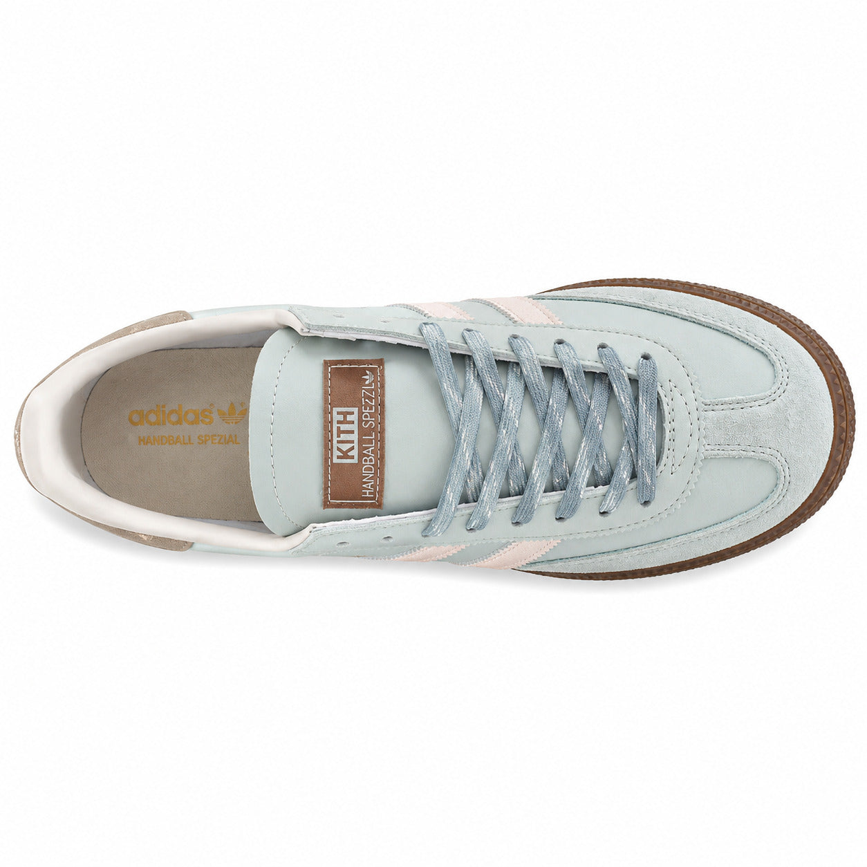 Adidas Handball Spezial x Kith azul hielo rosa polvo vista superior etiqueta Kith
