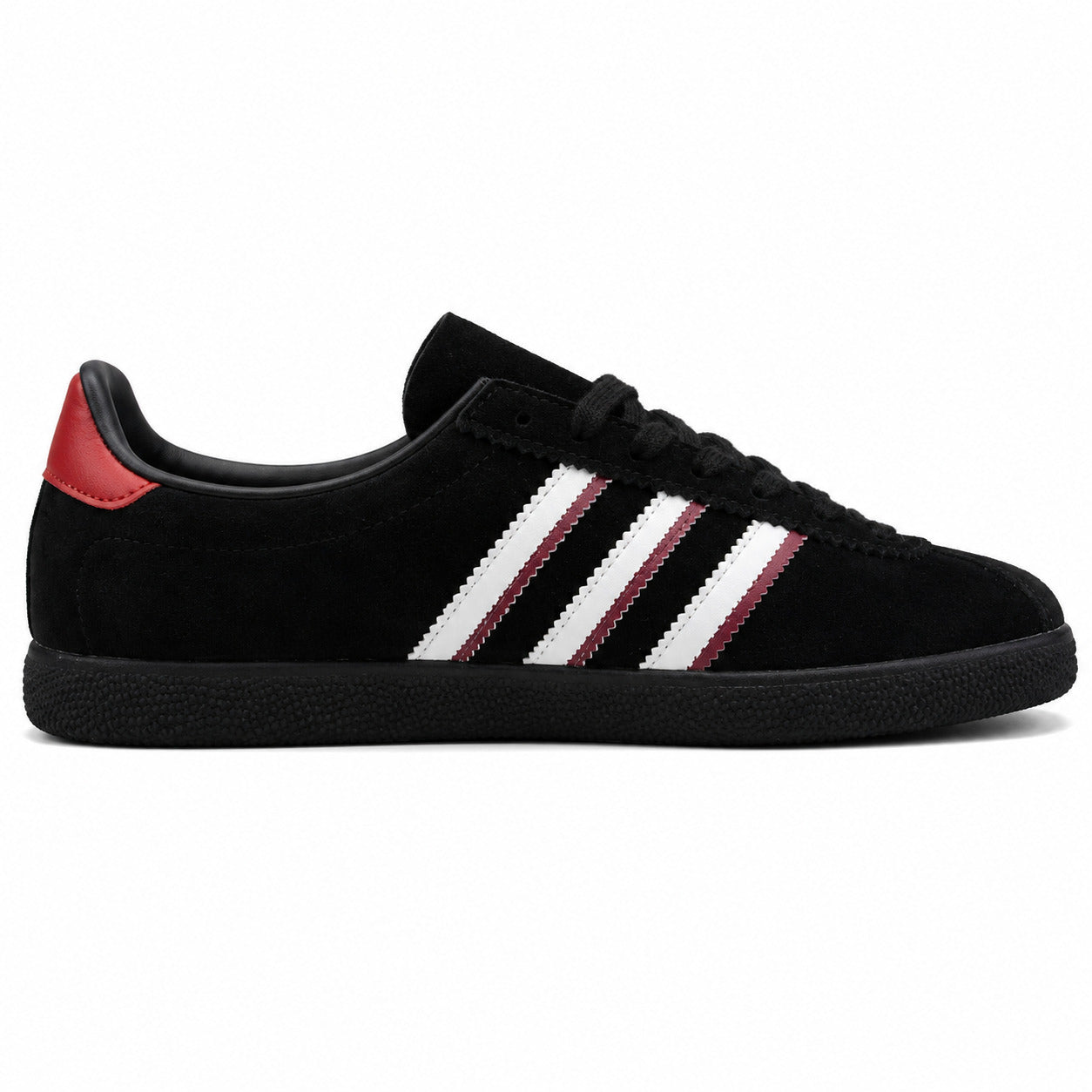 Adidas London 96 rojo ante, franjas negras y suela goma, lateral interior