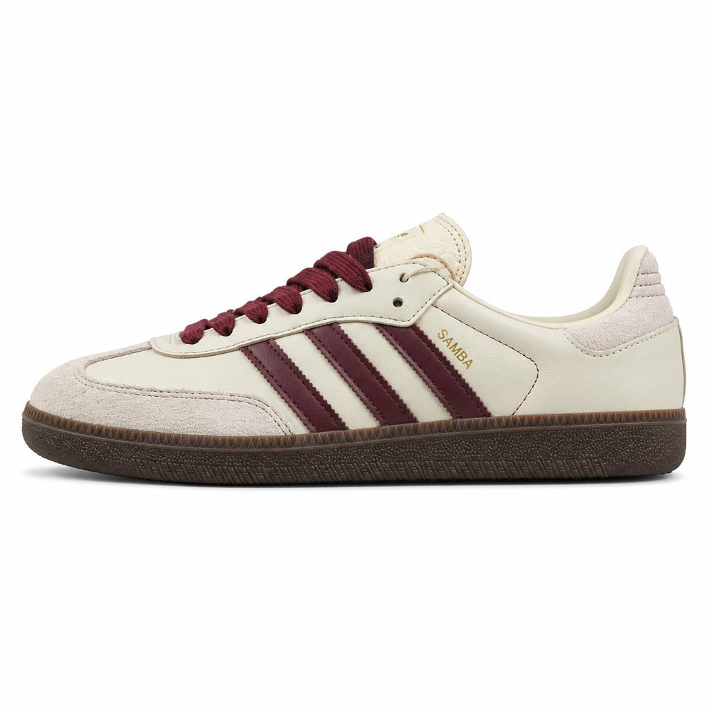 Adidas Samba OG crema bandas maroon suela goma marrón perfil izquierdo