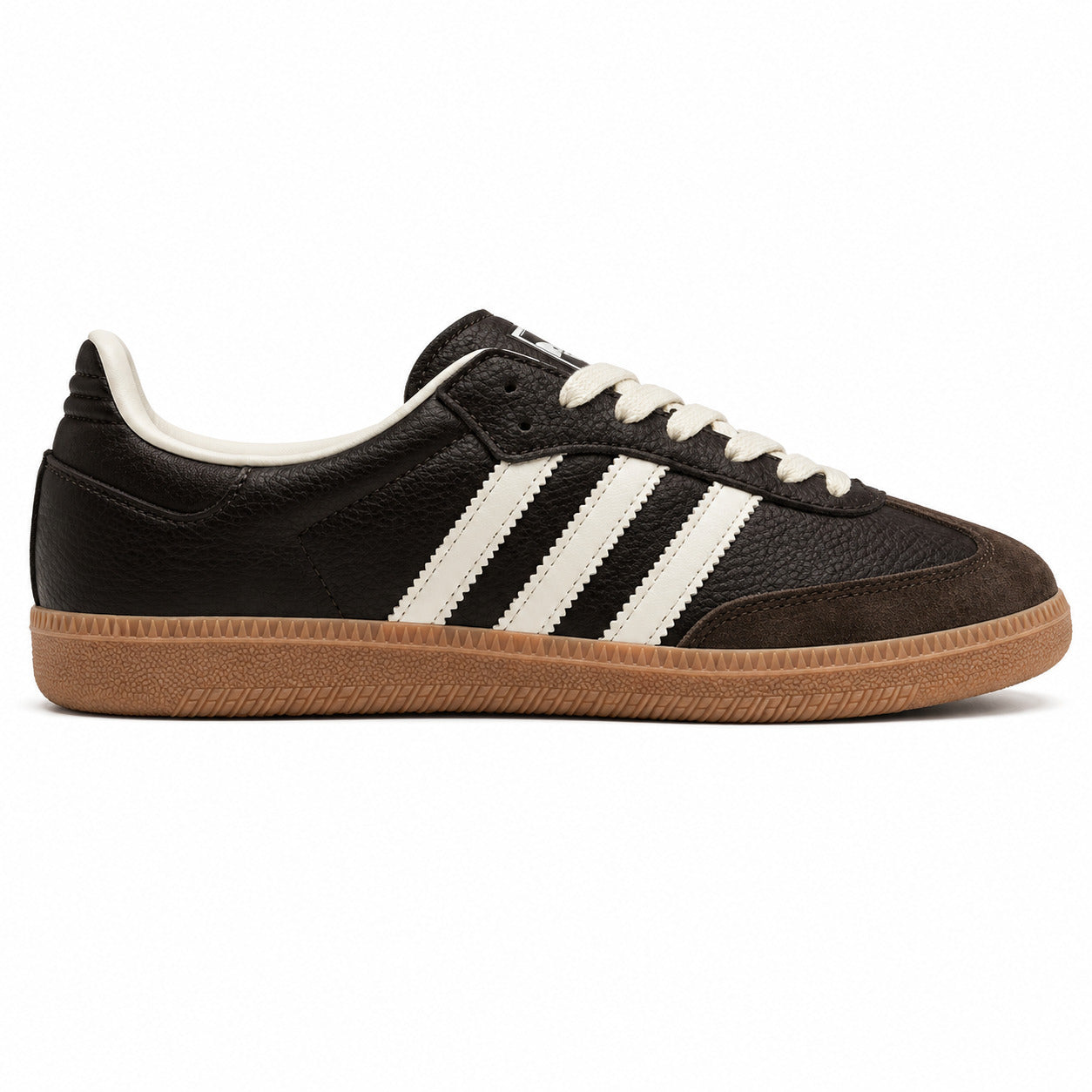 Adidas Samba OG marrón oscuro bandas blancas suela goma perfil izquierdo