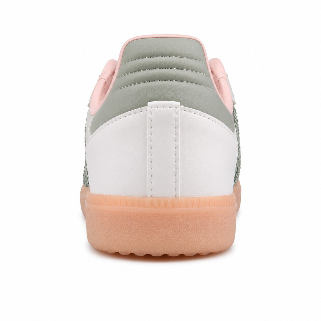 Adidas Samba Vegan blanco detalle talón verde salvia rosa suela melocotón