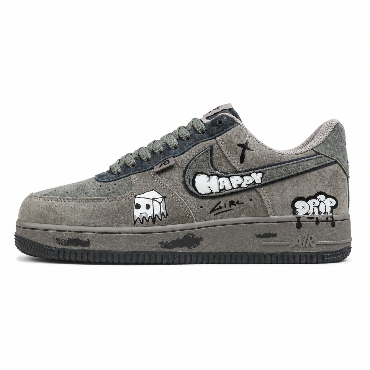 Nike Air Force 1 Low Happy Drip gris suede lateral izquierda