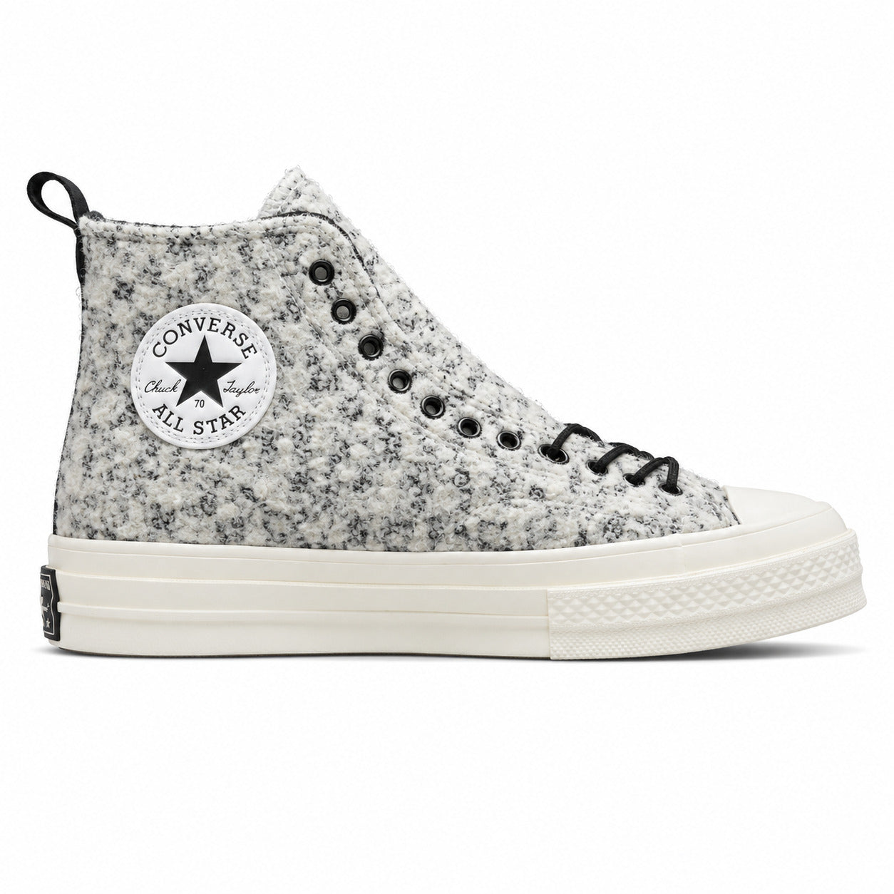 Converse Chuck 70 Hi bouclé blanco negro crudo lateral derecha logo
