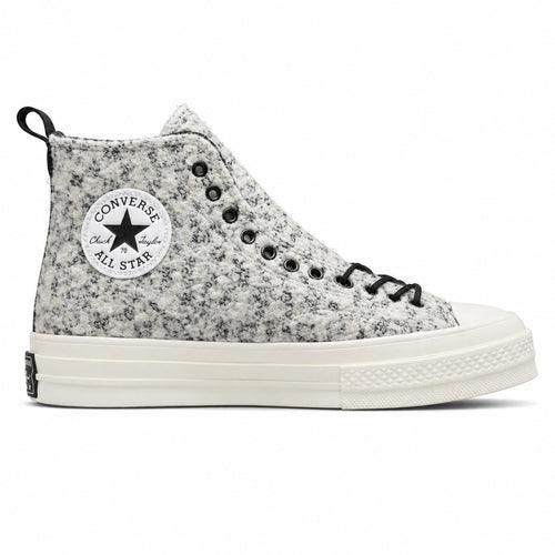 Converse Chuck 70 Hi bouclé blanco negro crudo lateral derecha logo