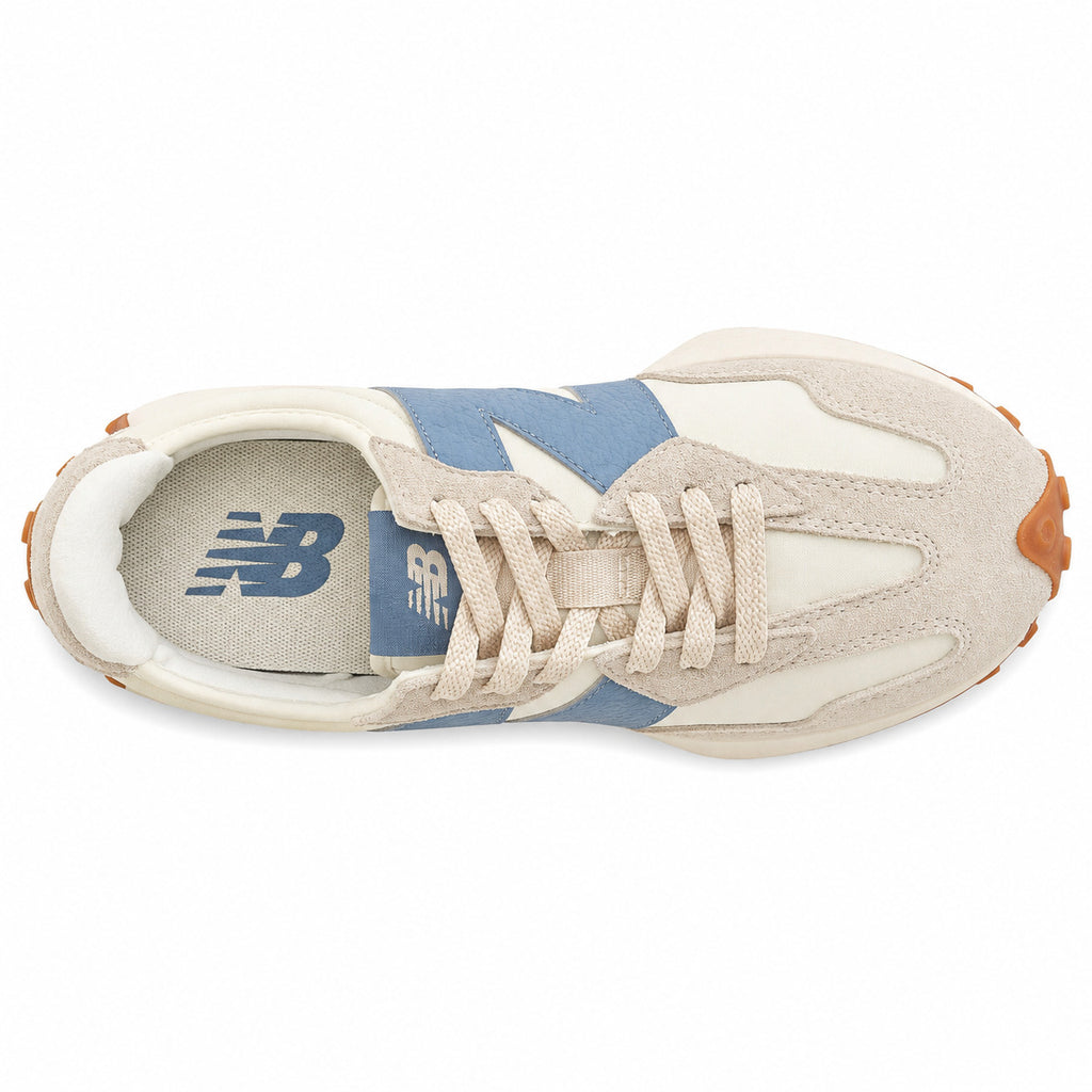 New Balance 327 crema y azul pizarra, vista superior con palmilla azul