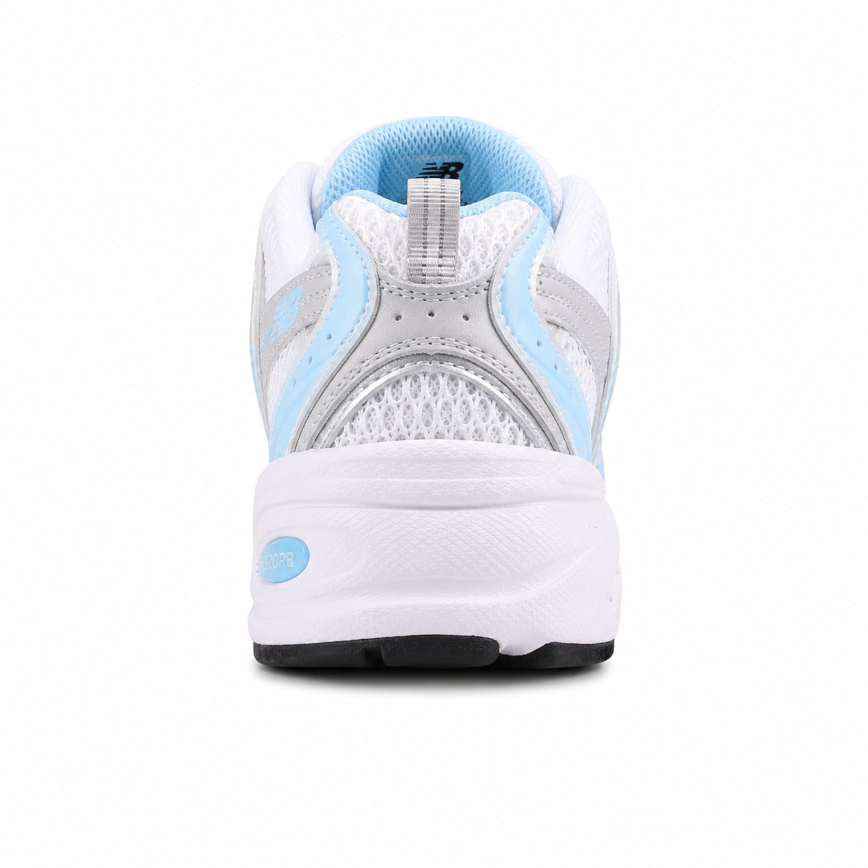 New Balance 530 blanco y azul claro, detalle talón con tecnología ABZORB