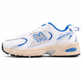 New Balance 530 blanco y azul mesh y cuero, lateral exterior