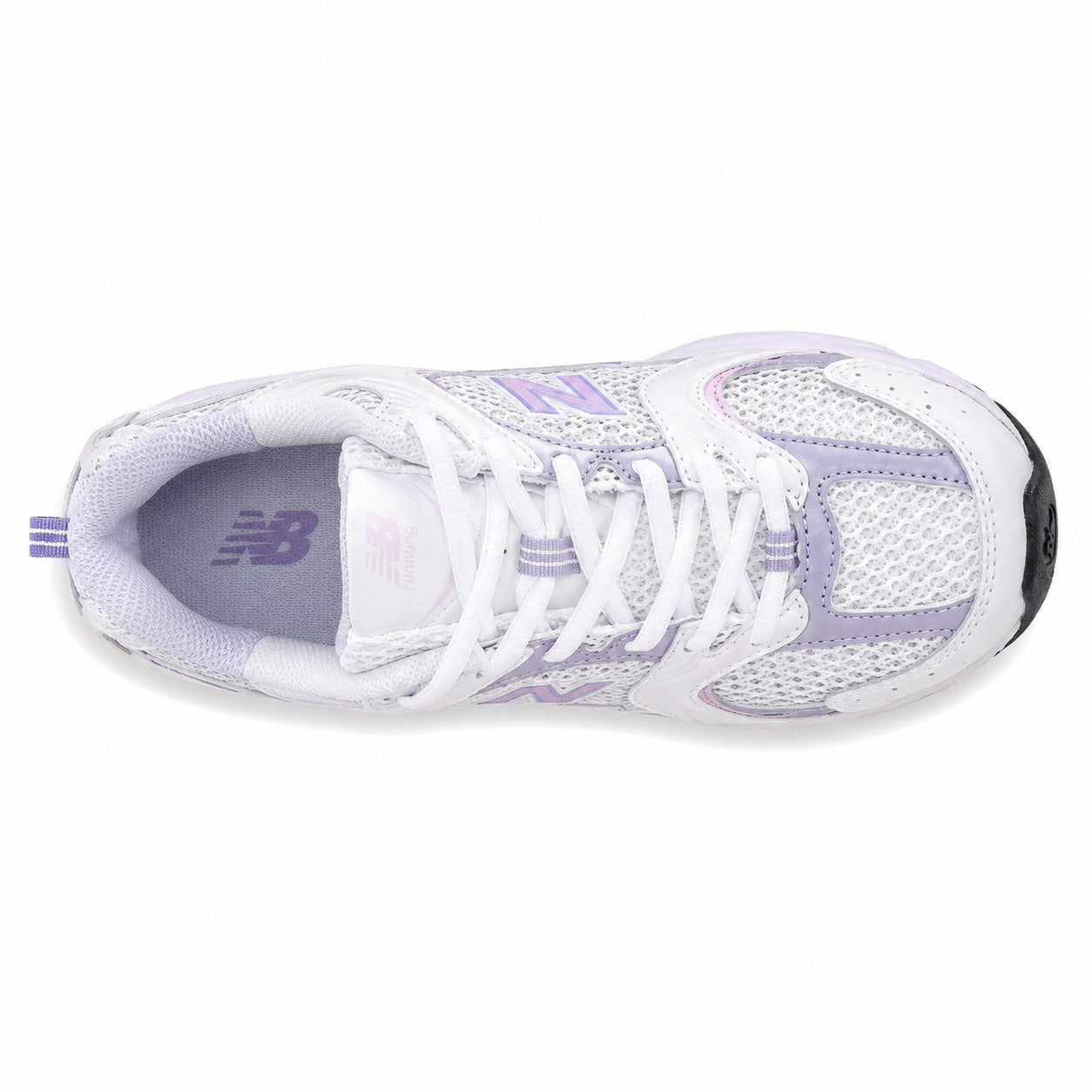 New Balance 530 blanco lila vista superior cordones