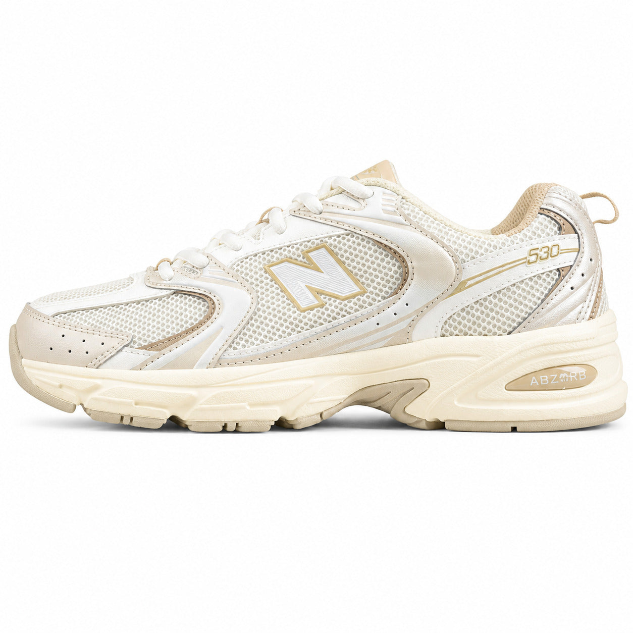 New Balance 530 crema y beige mesh y cuero, lateral exterior

